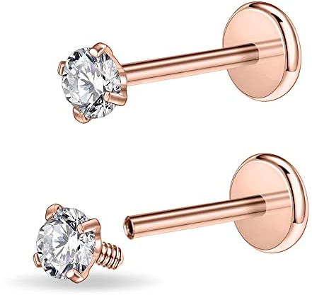PunkTracker 16g/18g Chirurgenstahl Innengewinde CZ Stud Piercing Schmuck für Tragus/Nase/Helix/Conch/Medusa/Lippe/Labret - Helix Tragus Knorpel Ohrring für Damen Herren 2 Stück