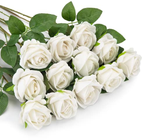 OWLKELA 12 PCS Artificial Roses, Fake Flannel Flowers Single Long Stem Blooms With Rose Buds, Decorative Flowers for Wedding, Home, Garden, Birthday Party Decoration (White)
