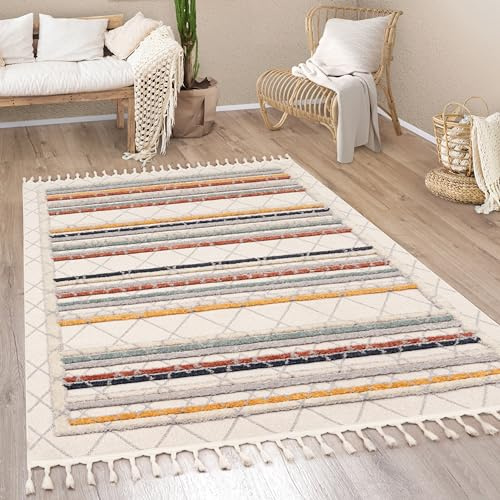 Paco Home Teppich Wohnzimmer Kurzflor Boho Modern Ethno Skandinavisch Geometrisches Muster Fransen, Grösse:80x150 cm, Farbe:Bunt 2