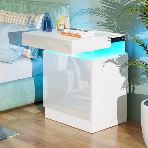 Lvhcmfohm Nachttisch Weiß mit Led, Nachtschrank, Nachtkommode mit 3 Schubladen und Schränke mit Klappdeckel für Wohnzimmer, Schlafzimmer (45x35x61cm)
