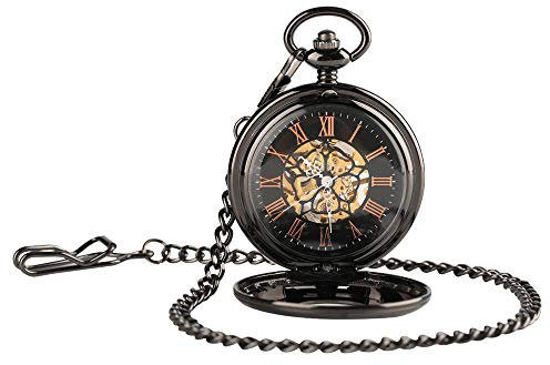 XOPIC Mechanische Taschenuhr mit schwarzem Skeleton Gear Stilvolle Taschenuhr mit Handaufzug und goldenen römischen Ziffern, schwarzes Zifferblatt