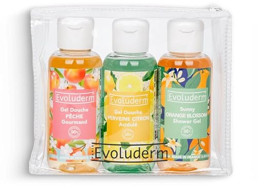 EVOLUDERM – Trousse Gels Douche – Gel Douche Pêche 100 ml + Aloe Vera 100 ml + Fleur D’Oranger 100ml – 96% d’Ingrédients d’Origine Naturelle - Végan - Fabrication Française
