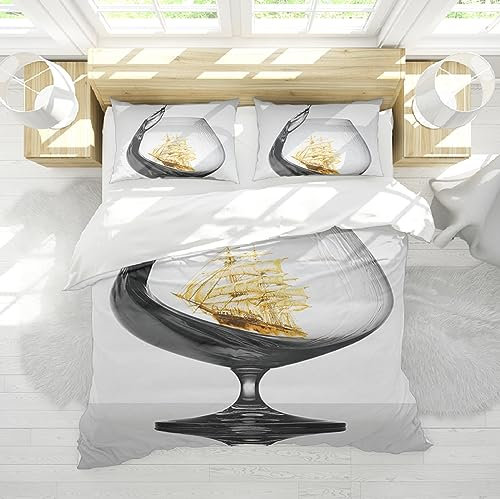 HOBBOY Graues 3-teiliges Bettwäsche-Set, Glastasse & goldenes Segelmuster-Bettbezug mit Reißverschluss, 4 Eckbinder, 2 Kissenbezüge, Keine Laken 260x220 cm