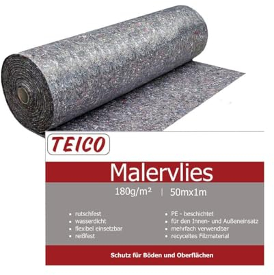 Teico Malervlies Abdeckvlies | Malerabdeckvlies 50m² Rolle | Abdeckvlies für Boden mit Anti-Rutsch Beschichtung | 100cm x 50 m | 220g/m²