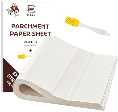 EIRAZ® Pack of 80 (20x30 cm) Baking Paper Sheets- Non-Stick Parchment Paper for Baking, Cooking, and Roasting - Ideal for Baking Pans and Cookie Sheets with 1 Oil Brush