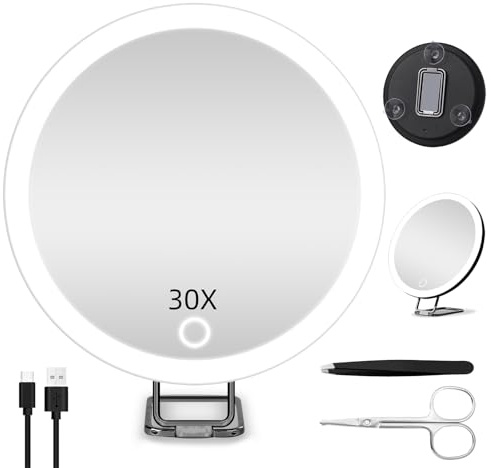 JADAZROR LED-Kompaktspiegel, 30-Fach-Vergrößerungsspiegel mit Licht, 15cm Reisespiegel mit Vergrößerung, wiederaufladbarem beleuchtetem 30-facher Vergrößerungsspiegel, tragbares Reisespiegelgeschenk