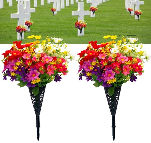 strolfay Artificial Cemetery Flowers,Set of 2 Artificial Mums Bouquet Grave Memorial Flowers with 2 Cemetery Vase with Drainage Hole Long Spikes for Cemetery Headstones Graveyard Decoration