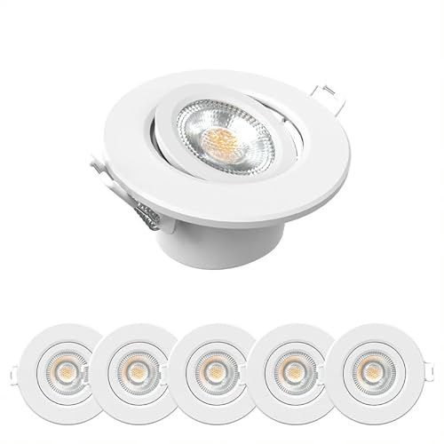 paul russells LED Recessed Tilt Downlights, 4.8W 480LM Adjustable Warm/Cool/Day White CCT, IP44 Rated Not Dimmable, Round Spotlights for Kitchen, Living & Bathroom, Hallways Ceilings 6-Packs (White)