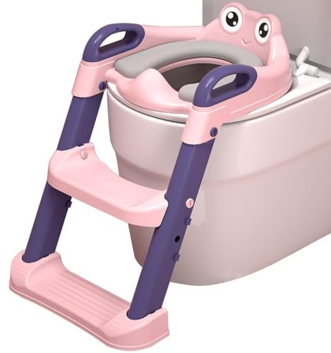 Topfchentrainer Hohenverstellbar Einstellbar Toilettensitz Mit Treppe Für Mädchen Und Jungen, Zusammenklappbar Toilettentrainer Mit Treppe Mit Frosch Rückenlehne, Belastbarkeit 50kg (Color : Rosa, S
