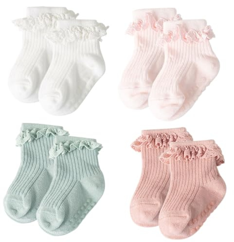 DRESHOW Calcetines de Encaje Antideslizantes con Volantes para Recién Nacidos y Niñas - Calcetines de Vestir para el Tobillo