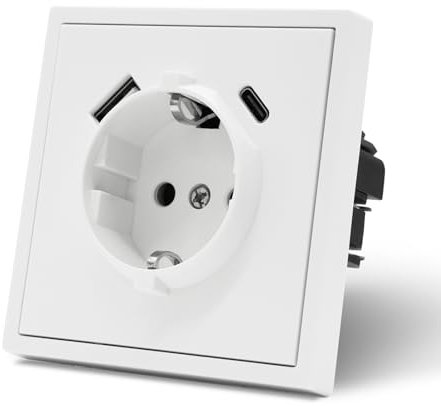 MVAVA Socket with USB C EU Standard Single Flush-Mounted Socket Easy Installation 80 mm x 80 mm Sockets 3-Wire Required White