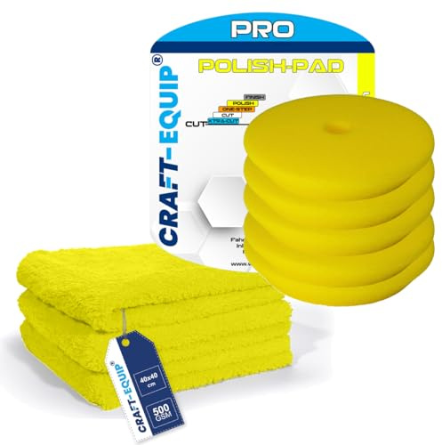 8er Sparpack Craft-Equip PRO Polierschwamm Polierpad mit Klettverschluss Made IN EU (8er Sparpack 150mm DA Polierschwamm Polish GELB + Microfasertücher)