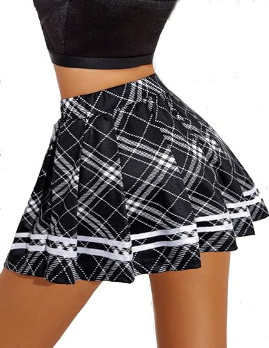 Avidlove Donna Mini Gonna Corta Plaid Gonna Plissettata Vita Alta Gonna A-Line Gonna Basic Outfit Scuola Ragazze Sport Gonna Party Costume Plaid Bianco e Nero L
