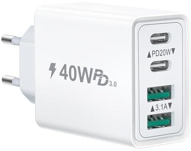 Baileku Cargador USB C, 40W 4-Puerto Múltiple USBC Enchufe PD+QC Rápido Pared Adaptador Tipo C Movil Cargadors