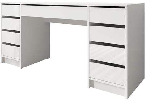 Mirjan24 Schreibtisch Ada Bis mit 9 Schubladen (Weiß/Weiß Hochglanz) | Schülerschreibtisch oder Schminktisch mit grifflosen Fronten und viel Platz für Kosmetik, Dokumente und Lernmaterialien
