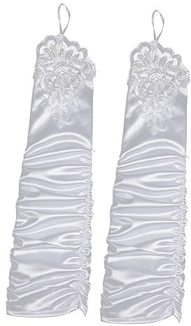 DEARMAMY 1paar Fingerlose Damen Hochzeits-handschuhe Aus Satin Mit Spitzenverzierung Elegante Lange Brauthandschuhe Für Hochzeiten Abendpartys Und Besondere Anlässe Weiß
