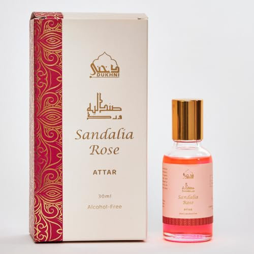 Sandalia Rose Attar Oil by Dukhni | Long Lasting Arabic Perfume Oils for Men and Women | Rose Attar, sandal, sandalwood oil | 30ml Pure Roll On Attar, Non alcoholic, Vegan Perfume