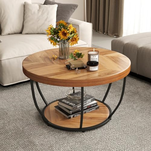COSTWAY Table Basse Ronde 2 Niveaux, Table Basse Bois 80 cm, Cadre en Métal, Design Ronde Bois, Plateau Épaissi, Industriel (Naturel)