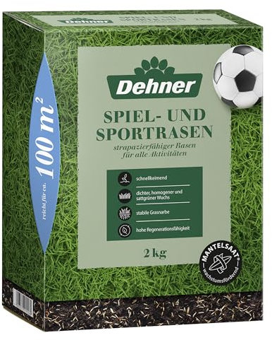 Dehner Saatgut Spielrasen/Sportrasen, hochwertige Rasensamen für strapazierfähigen/dichten Rasen, schnell keimend/pflegeleicht, ideal für Familiengärten & Spielflächen, 2 kg für ca. 100 m²