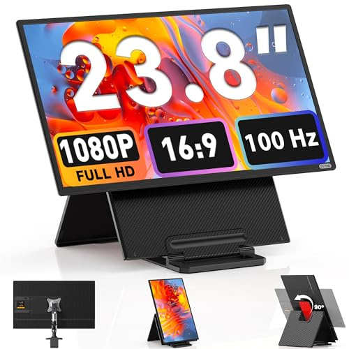 Kwumsy Laptop Bildschirm Erweiterung 23,8 Zoll – 1080P FHD 100Hz Tragbarer Monitor für All Laptop, Höhenverstellbar, 90° Drehbar & Faltbar, Plug & Play Portable Monitor mit USB-C/HDMI, Mac & Windows