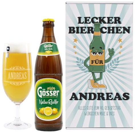 Herz & Heim® Personalisiertes Geschenkset für Männer Lecker Bierchen mit graviertem Glas und einer Flasche Bier - Geschenk für Vatertag oder Geburtstag (1 Flasche, Gösser NaturRadler)