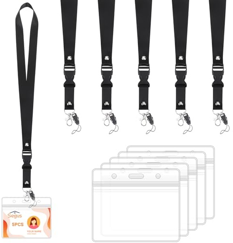 Segus Lanyard Negro, 5 Piezas Porta Tarjetas Identificativas, Cinta Llaves Cuello con Tarjetero Colgante, Lanyard con Hebilla Desmontable, para Oficina, Escuela, Negocios (Horizontal)