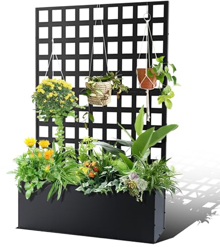 Freestanding Raised Planter Box, 180x118x30cm Garden Planter with Trellis, Metal Garden Bed with Trellis, Privacy Screen & Drainage Holes, Outdoor Elevated Trough Raised Bed for Climbing Plants-Bl