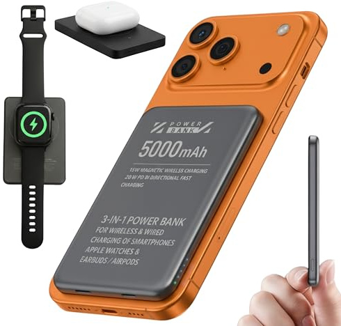 X6 Pro/Pro Plus 5000mAh/10000mAh Ultra-Slim Qi2 Magnetic 3-in-1 Power Bank, 20W USB-C PD Fast Charging & 15W Wireless Charger for Smartphone, Apple Watch & AirPods (Dark Sky, 5000 mAh)