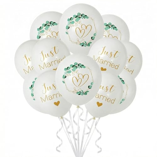 Satiskid 30 Stück Just Married Luftballons Hochzeit 12 Zoll Luftballons Hochzeit Deko, Herzen um Eukalyptus Hochzeitsballons, Weiß Helium Ballons für Heiratsantrag,Verlobung, Hochzeit Dekoration