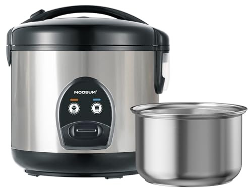 MOOSUM Electric Rice Cooker with One Touch for Asian Japanese Sushi Rice, 5-Cup Uncooked with Stainless Steel Inner Pot, Removable Inner Cover and Steamer, Silver