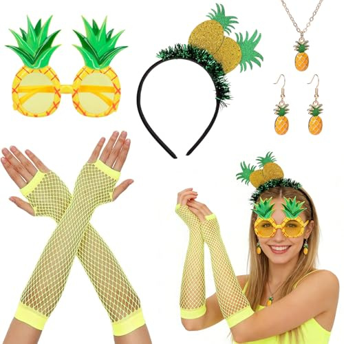 Forbabe Hårband, kostym för kvinnor, vuxna med pannband, handskar, benstrumpor, glasögon för karneval, maskerad, utklädnad (ananas)