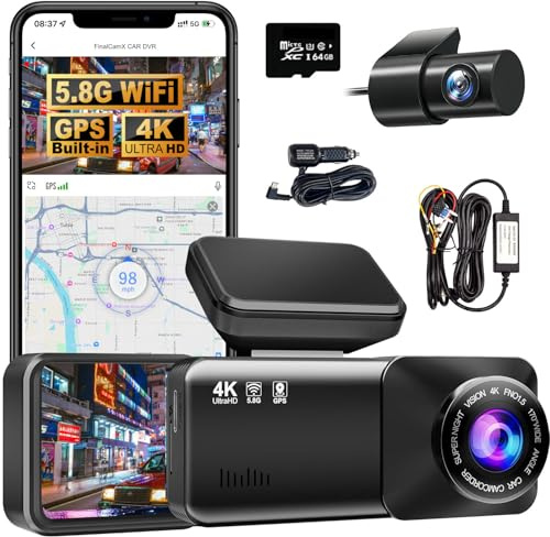 Dashcam Auto Vorne Hinten 4K WiFi, 4K Dashcam Auto GPS mit WiFi, Dual Autokamera mit 64GB SD Karte, Nachtsicht, 170°Weitwinkel, WDR, 24/7 Parküberwachung, Loop-Aufnahme G-Sensor, APP Steuerung