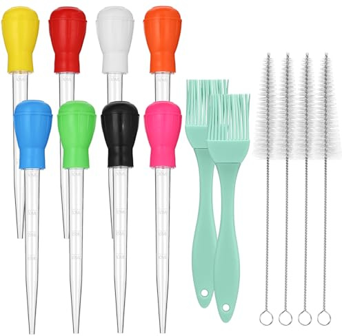 Boao 14 Pcs Heat-resistant Turkey Baster Cooking Set Includes 8 Pcs 11 Inch Large Syringe Turkey Baster, 2 Basting Brush, 4 Cleaning Brush, Meat, Food Injector for Poultry, Beef,Chicken(Classic Color)