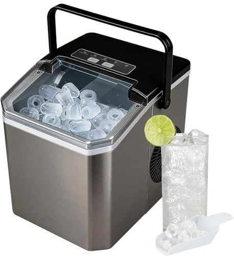 Eiswürfelmaschine 24 Stunden, 9 Eiswürfeln in nur 6 Min., 2 Größen von Bullet Ice, Selbstreinigender Eiswürfelbereiter Kleine 14kg, Mit Tragegriff, Eisschaufel u. Korb, Ice Maker für Party Büro RV