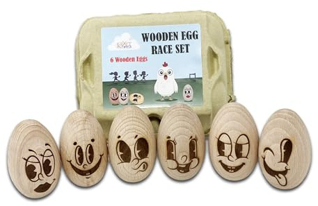 Wooden Egg and Spoon Race Game – Set of 6 Wooden Eggs with Cartoon Faces | Classic Kids Party & Garden Game | School Sports Day & Outdoor Games for Children