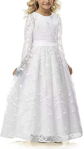 Aibaowedding Chic - Robe longue de communion pour enfant - En tulle brodé - Avec ceinture en satin - Style bohème - Robe de demoiselle d'honneur - Pour fille de 2 à 12 ans