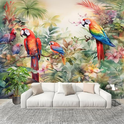 Fotográfico 3D HD No Tejido Loro Tropical Vegetal Animal. ExtraíBle Papel Pintado Fotomural 200×140 cm Verde Resistente al agua y a las manchas Fácil Instalación Murales Panorámicos