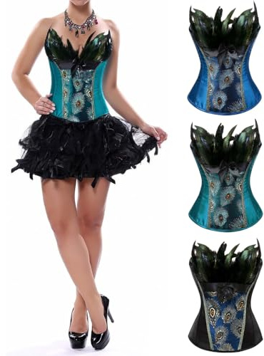 Paon Costume Femme Corset Femme Plumes de Paon Court Shapewear Vintage Gothique Carnaval Cosplay Paon Costume Corset Princesse Corset Corset Burlesque Broderie Bustier Paon Corsage, bleu, S