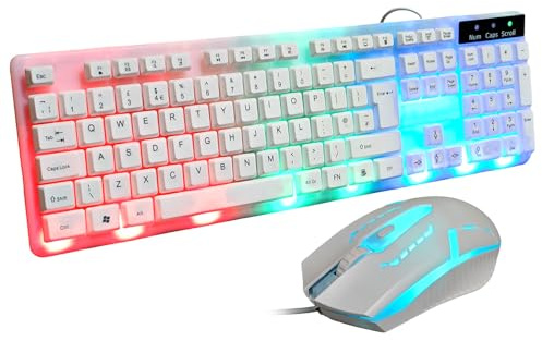JUSTOP White USB Wired Keyboard and Mouse Set, Luminous LED Lights, Full Size Slim Keyboard, LED Gaming Mouse, Game or Business, UK Layout, For PC, Laptop, Windows, Chrome OS, PS4, PS5, Xbox One, etc