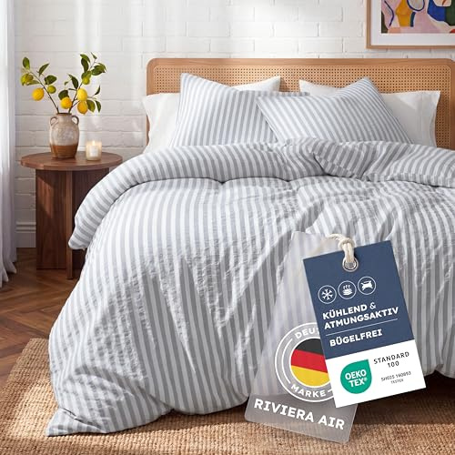 Blumtal Premium Seersucker Bettwäsche 2X 135x200 cm + 2X 80x80cm - Oeko-TEX zert. Bettwäsche 135x200 Baumwolle - luftig Leichter Viskose-Baumwoll-Mix 50/50 - Sommerbettwäsche sanft & kühlend