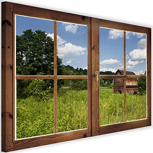 Feeby Cuadro XXL Vista de la Ventana 120x80 cm 1 Pieza Modernos Impresión Artística Calidad Fotografica Imagen Decoración de Pared Salon Dormitorio Cocina Oficina Pasillo Paisaje Prado Verde