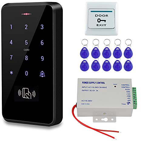 HFeng Kit Sistema di Controllo Accessi Porte Esterne IP68 Lettore di Schede Tastiera RFID Impermeabile + Alimentatore + Pulsante Uscita Porta + 10 pz telecomandi (senza blocco)