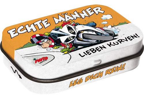 Nostalgic-Art Retro Pillendose, 4 x 6 x 1,6 cm, MOTOmania – Echte Männer lieben Kurven! – Geschenk-Idee für Biker, Original Lizenzprodukt (OLP), mit Pfefferminz-Dragees, Vintage Design