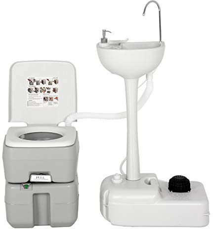 Giantex Outdoor Wash Sink and Potable Toilet Set 4.5 Gallon Sink & 5.3 Gallon Toilet, Flush Wastewater Recycled W/Tower Holder, Level Indicator, 3 Way Flush for Camping Portable Sink and RV Toilet
