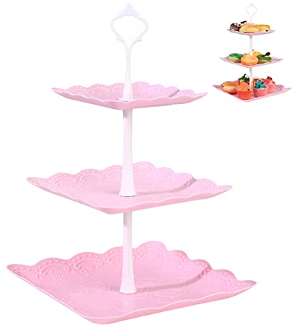SZJYG 3 Tiers Cake Display Stand, Pink Afternoon Tea Stands, Plastic Square Cup Cake Fruit Dessert Party Server Plates Stands, Reusable Food Serving Platter Stand for Birthday, Wedding, Party