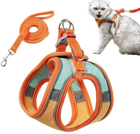PETCUTE Katzengeschirr mit Katzenleine Katzenhalsband,Verstellbares Katzengeschirr mit Leine Ausbruchsicher, Atmungsaktive Katzenleine mit Reflexstreifen,Weich Katzenweste L