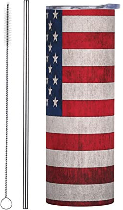 Vintage USA American Flag Tumbler Cup 20 oz, Stainless Steel Mug Vaccum Insulated Skinny Tumblers with Lid and Straw Double Wall Feak Proof Coffee Travel Mug Birthday Gift for Women Men