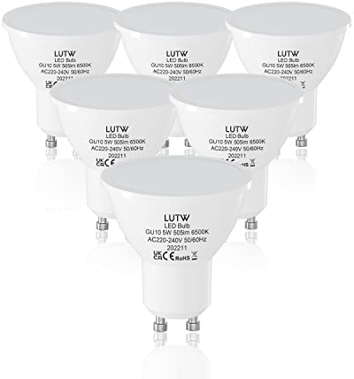 LUTW GU10 LED Bulbs Cool White, 5w Equivalent to 40W Halogen Spotlight Bulb, Non-dimmable Energy Saving Light Bulbs AC220-240V 6500K 505Lm 120° Wide Beam Angle, Pack of 6