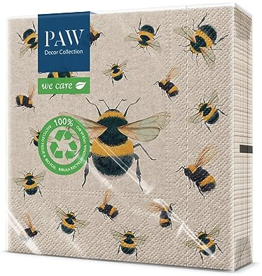 PAW - Napkins 3-Ply (33 x 33 cm) I 20 Pieces I Perfect for Birthdays, Parties, Communion and Celebrations I Paper Napkins with Nature Theme I Environmental Protection, Bees i Dancing Bees