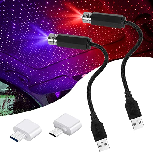URAQT Lumière D'ambiance LED, 2pcs Lampe de Toit USB pour Voiture Atmosphère Ciel étoilé Lumière LED Projecteur Rouge Veilleuse Réglable Plusieurs Modes, Romantique USB Lumière pour Voiture/Fête